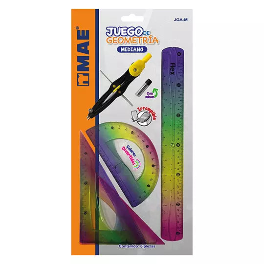Juego de geometría marca MAE color arcoí ris mediano