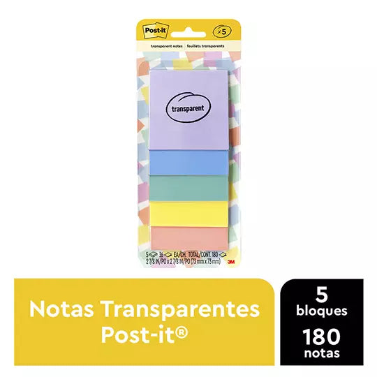 Notas adhesivas Post-It transparente col or pastel blíster c/ 5 piezas