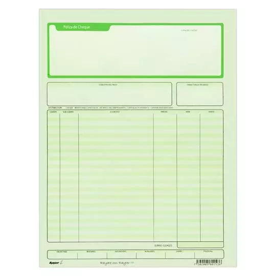 Póliza de cheque Rayter, tamaño carta, c olor verde, block 25 juegos